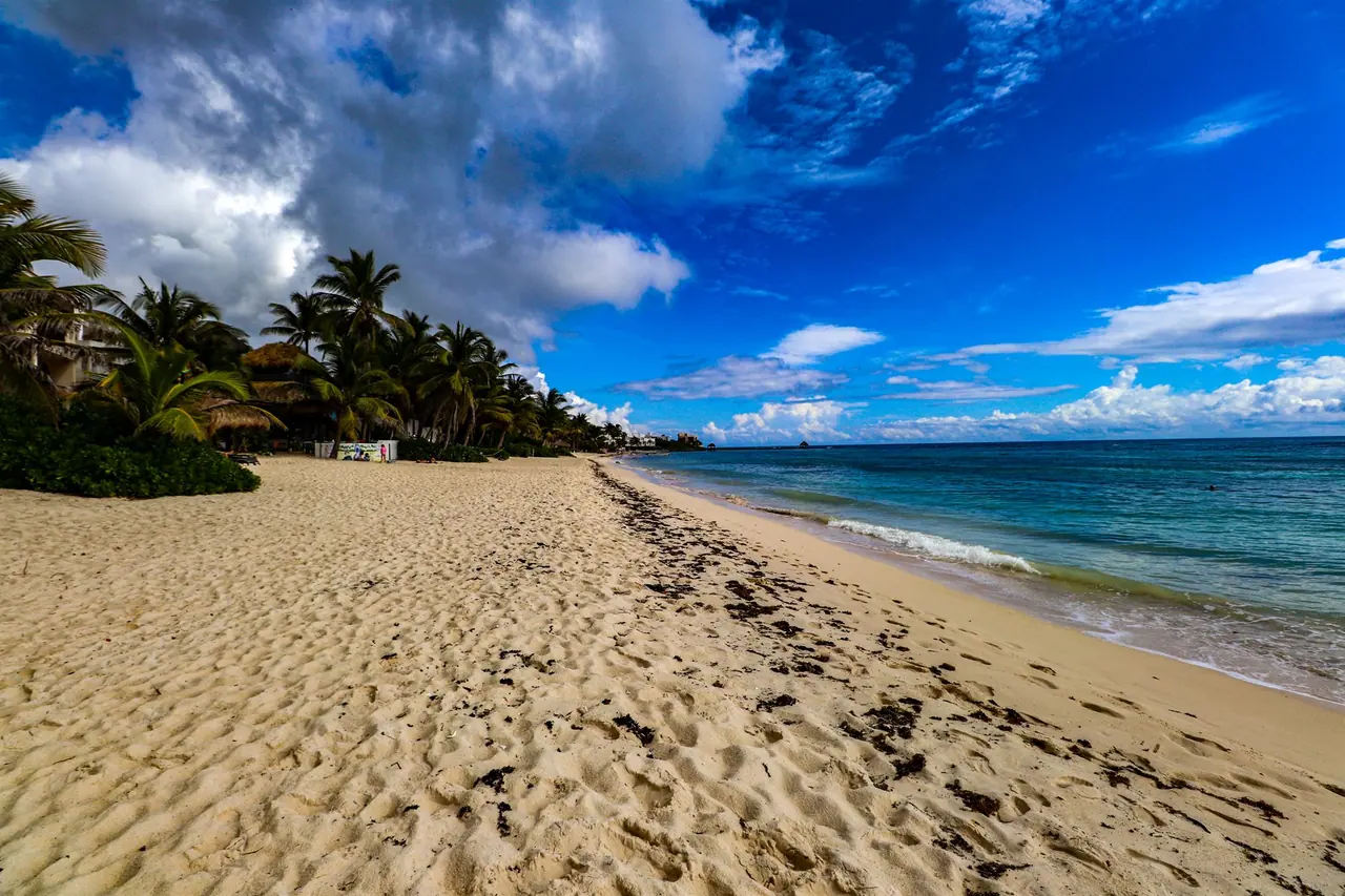 Long empty white-sand beach at Aventuras Akumal