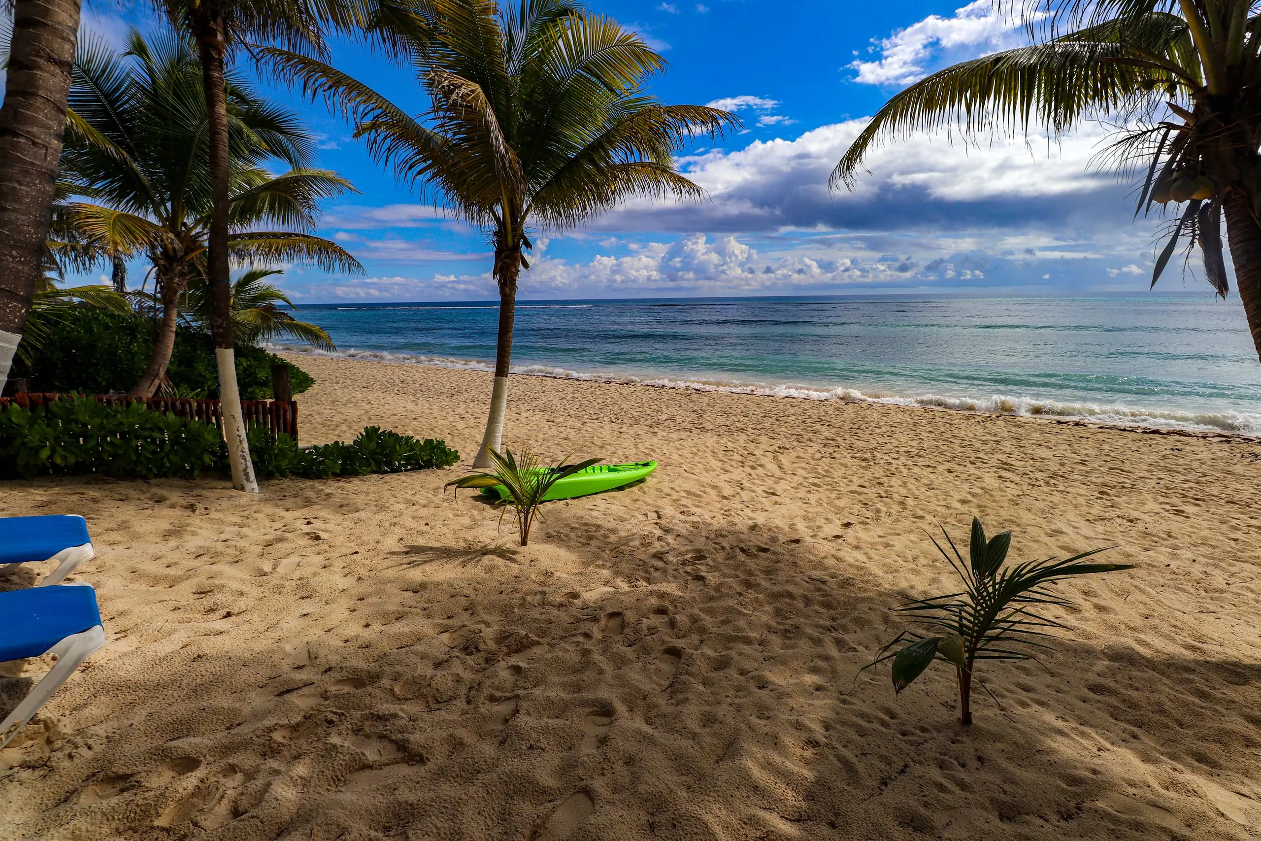 Palm trees and white sand in front of U Nah Kin, facing the turquoise Caribbean Sea