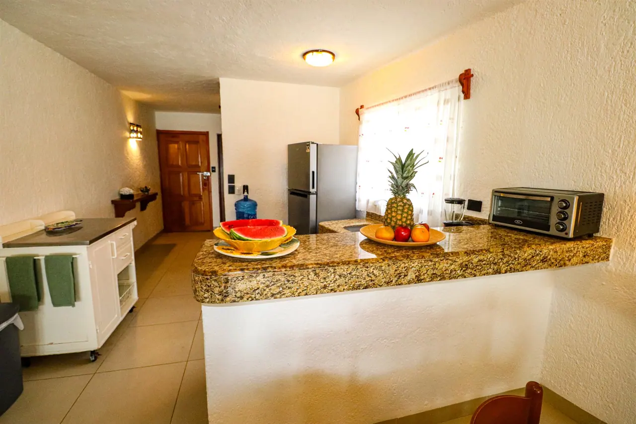 Kitchen with fridge, stove and toaster oven