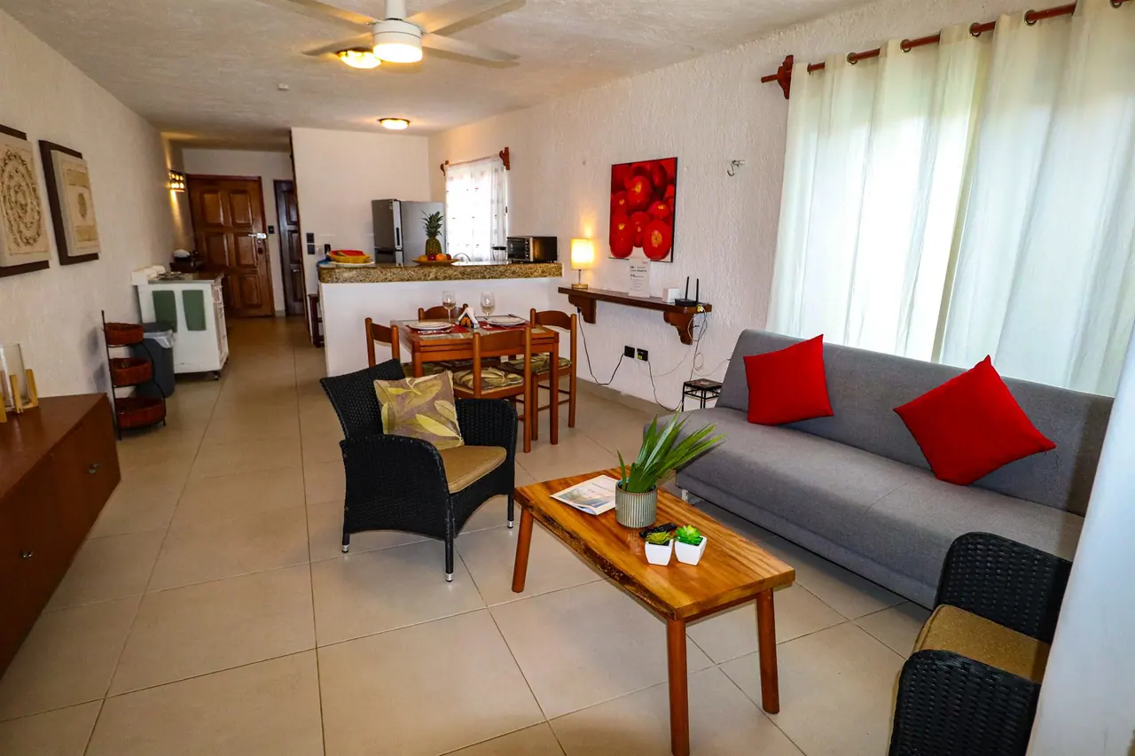 Living room with grey sofa, red cushions and open kitchen